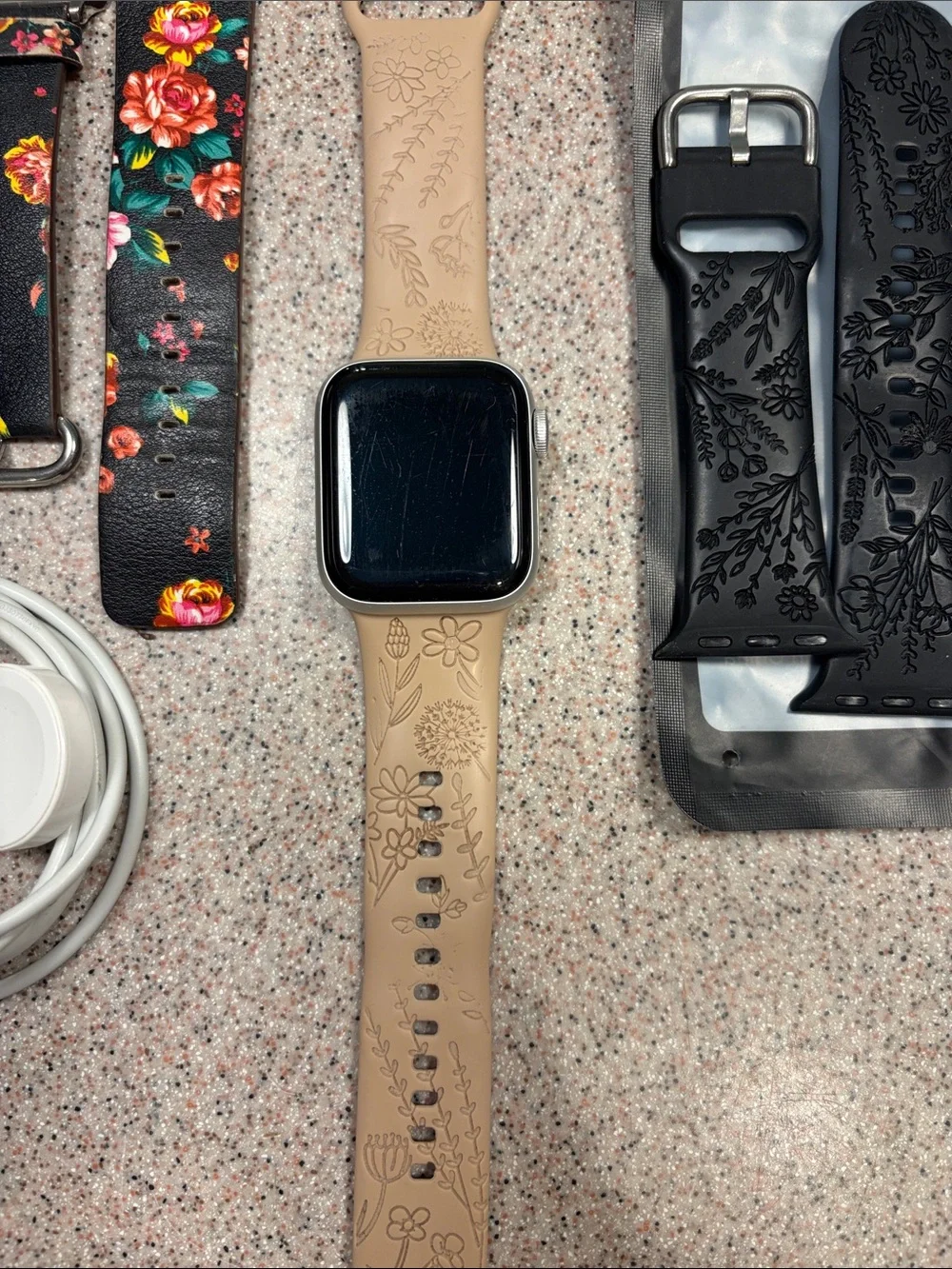 Apple Watch 40 mm with Tan Floral Silicone Band and Multiple Strap Options